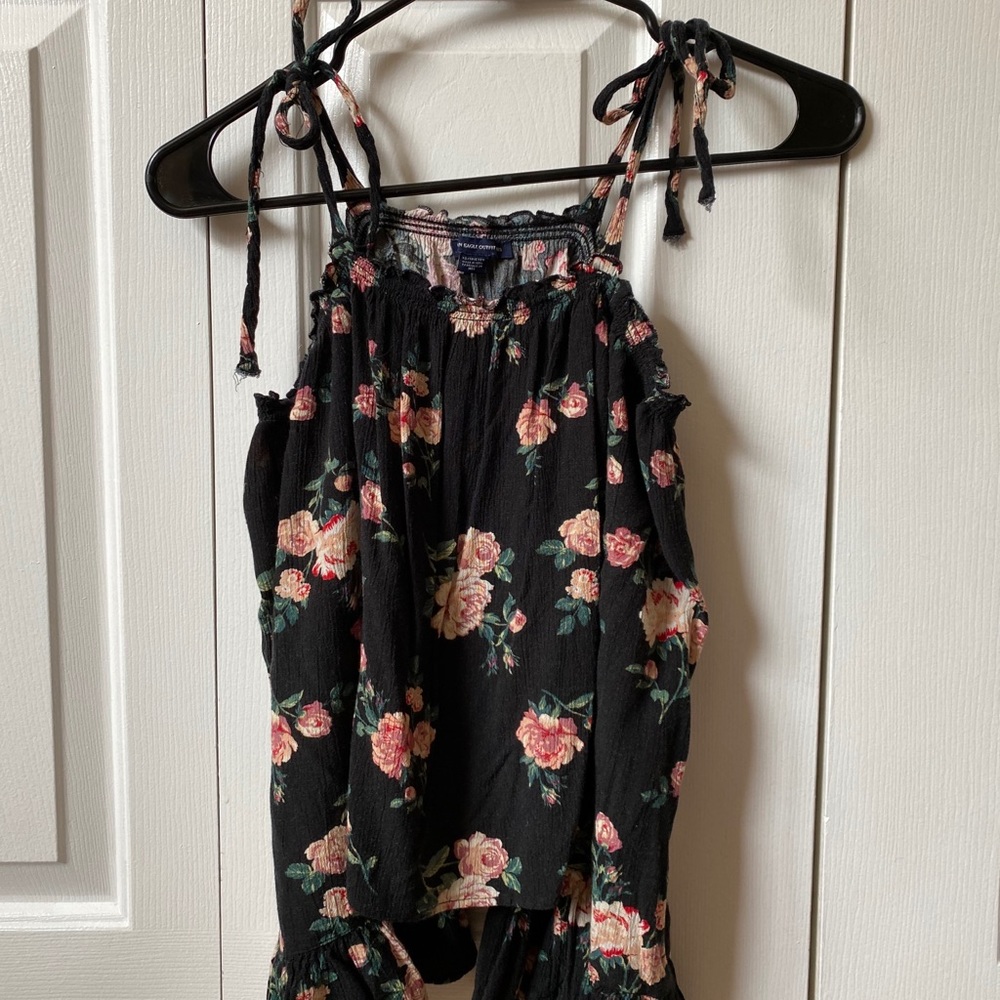 Black with Flower Design Off-The-Shoulder Tied Top